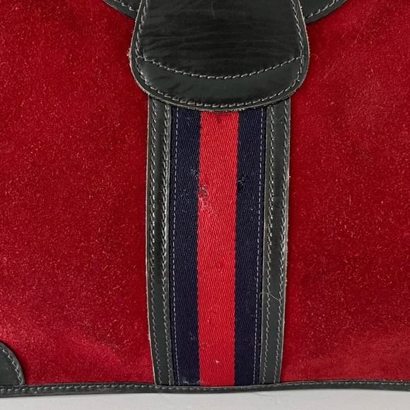 Vintage Gucci 1970s hand bag with cut out top handle red Nubuck navy leather web - Picture 16 of 17